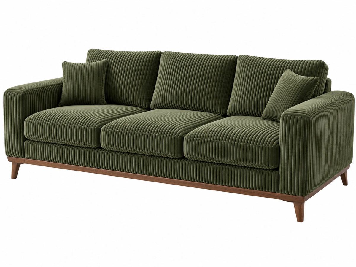 Divano 3 posti 220 x 95 x 85 cm in tessuto a coste verde oliva con base in legno - stile moderno