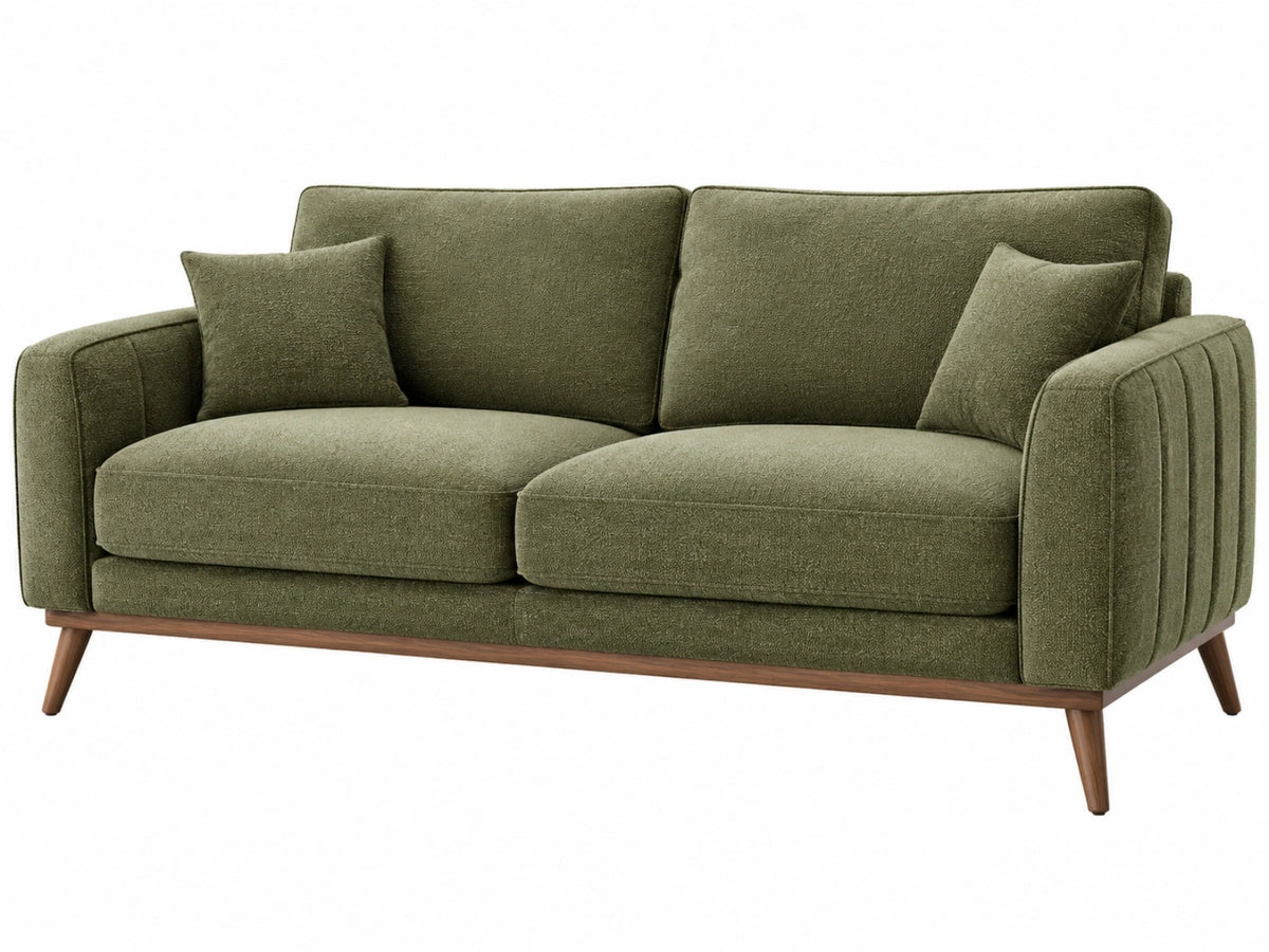 Divano 2 posti 180 cm in tessuto verde con gambe in legno stile moderno