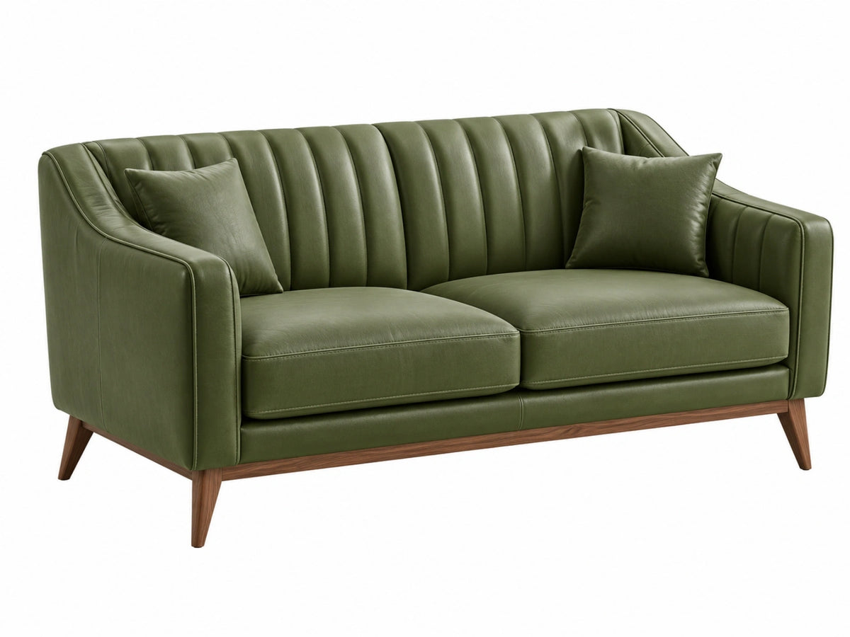 Divano 2 posti 170 cm verde effetto pelle con gambe in legno stile moderno