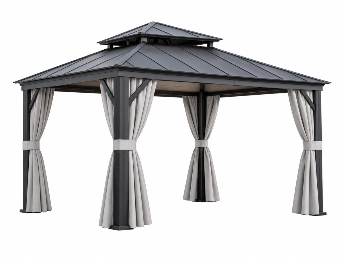 Gazebo da giardino 300 x 400 cm in metallo nero e grigio con tende laterali - copertura rigida ventilata