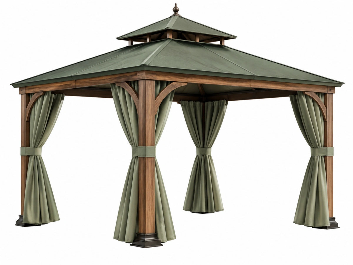 Gazebo da giardino 300 x 300 cm in legno e tessuto verde stile classico