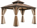 Gazebo da giardino 300 x 300 cm in metallo effetto legno marrone con tende beige - tetto ventilato