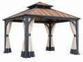 Gazebo da giardino 300 x 300 cm in metallo antracite con tende beige e tetto effetto legno