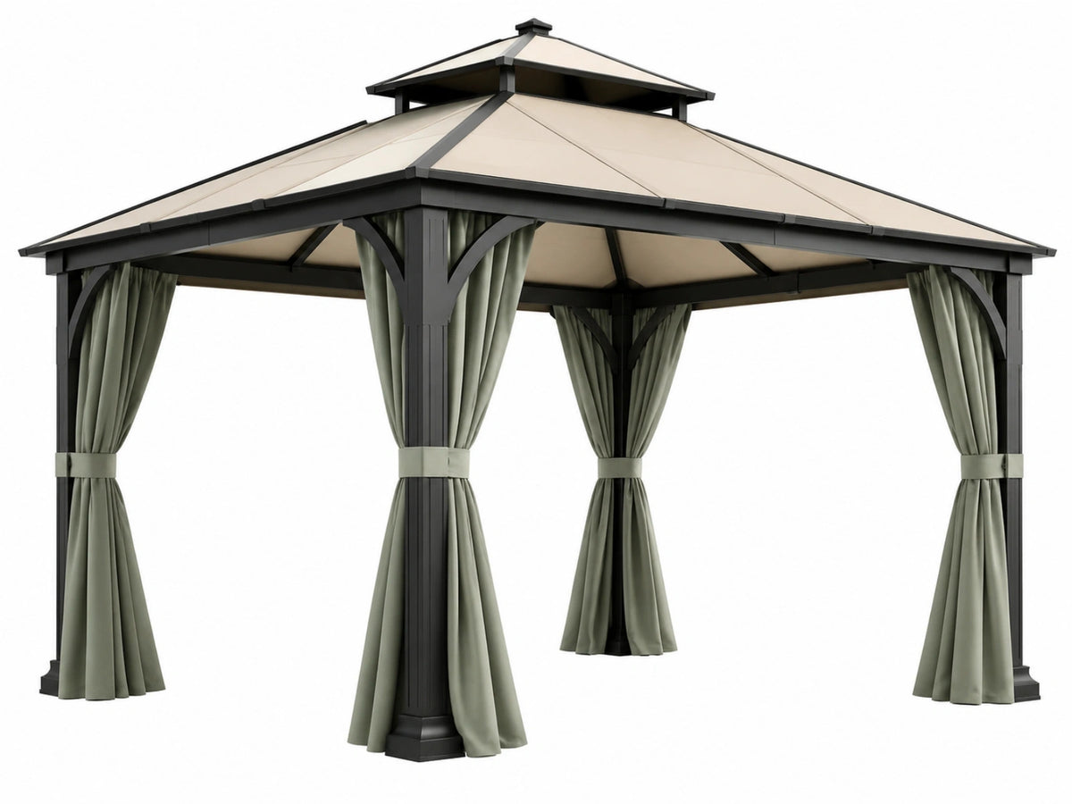 Gazebo da giardino 300 x 300 cm in metallo nero e tessuto beige con tende laterali