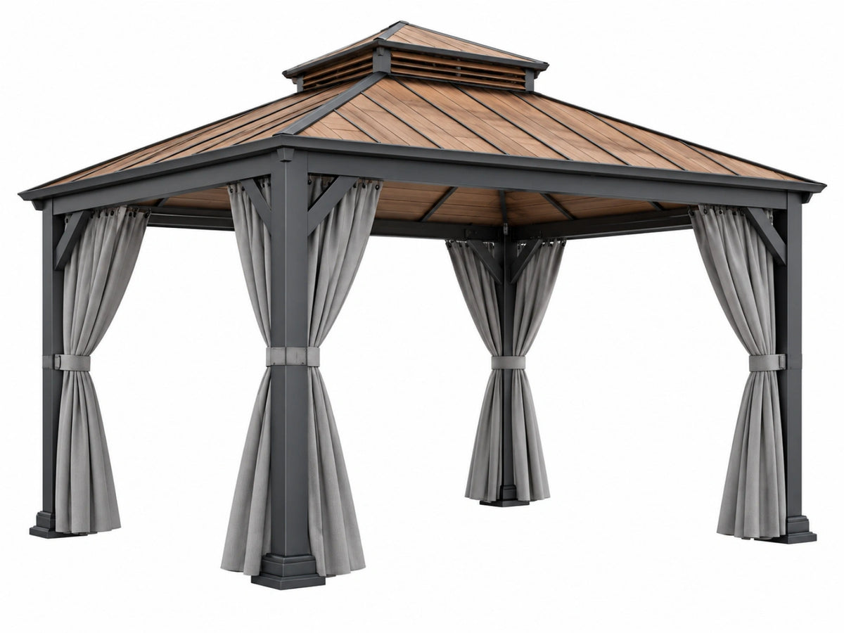Gazebo 300 x 300 cm in metallo grigio con tetto effetto legno e tende laterali