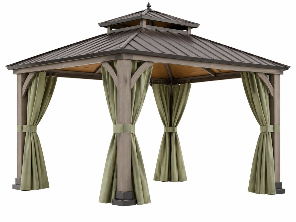 Gazebo da giardino 300 x 300 x 300 cm in legno grigio con tetto in metallo e tende verdi