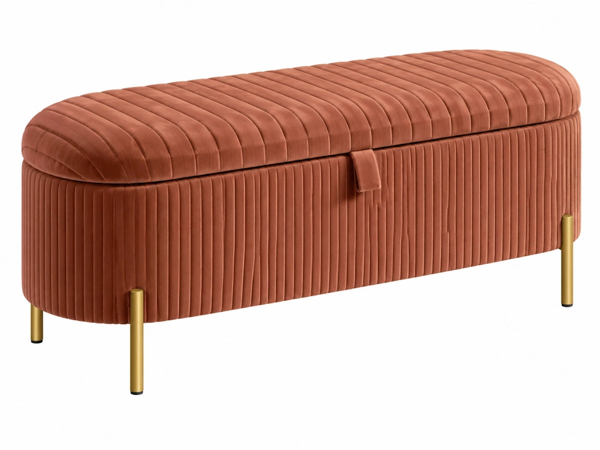 Panca contenitore 120 x 45 x 48 cm in velluto a coste terracotta con gambe in metallo dorato