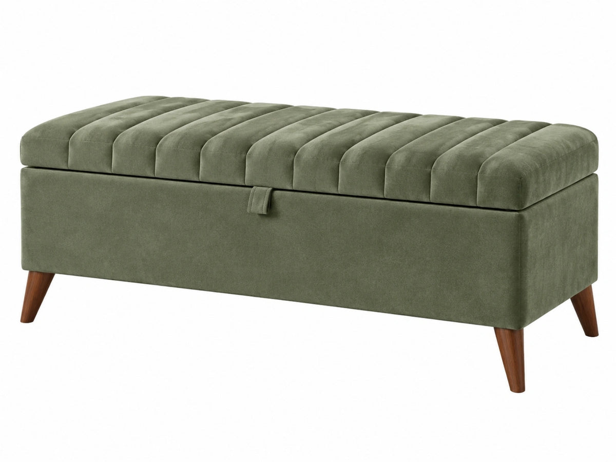Panca contenitore 120 x 45 x 45 cm in velluto verde con gambe in legno stile moderno