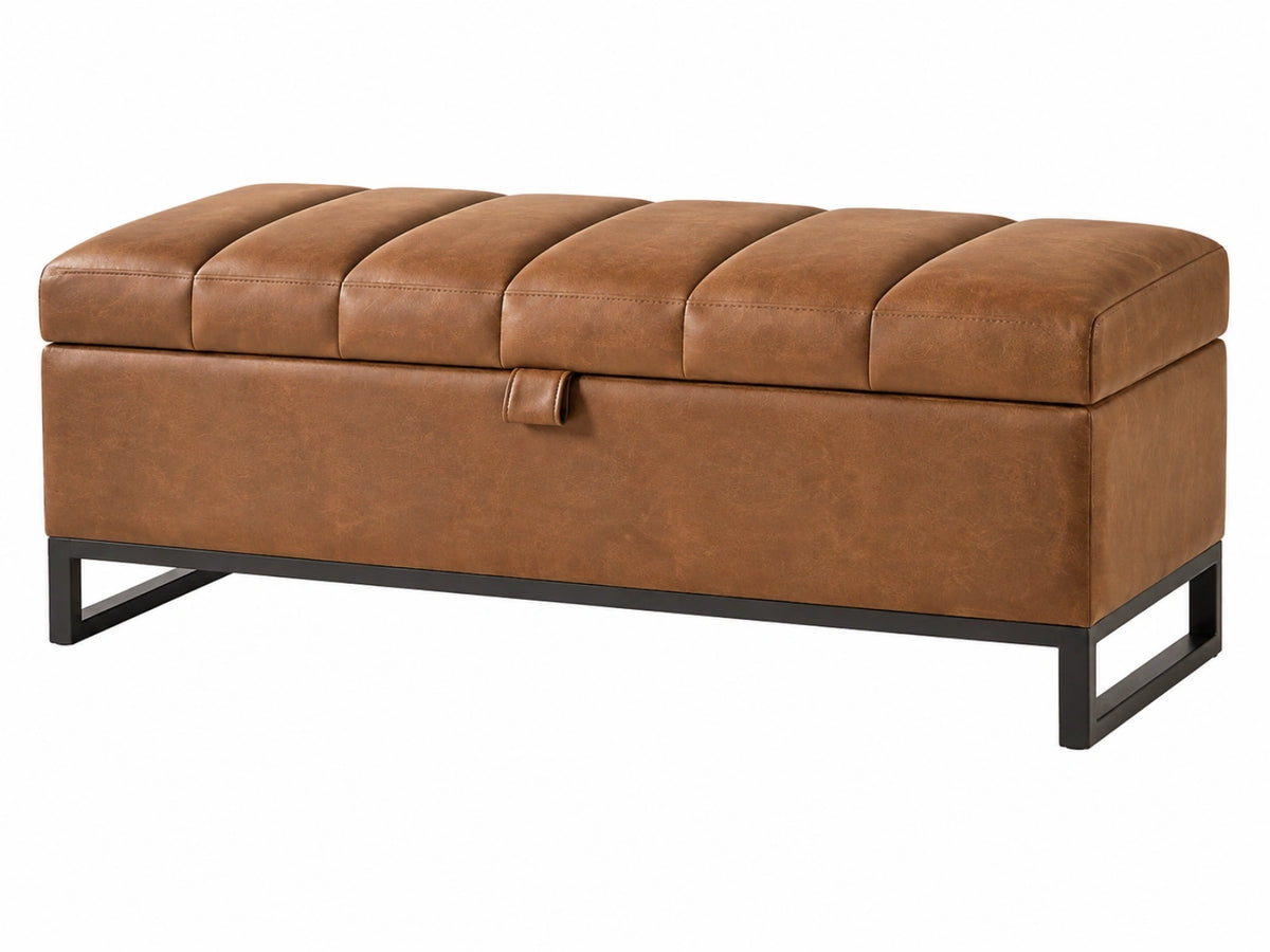 Panca contenitore 120 cm in effetto pelle marrone con base in metallo stile industriale