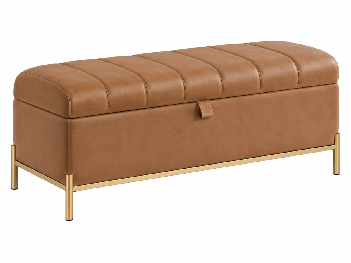 Panca contenitore 120 x 45 x 48 cm in similpelle marrone con struttura in metallo dorato
