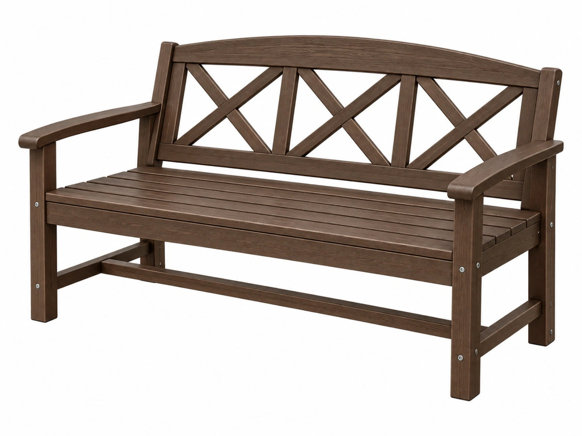 Panchina da giardino 122 x 65 x 85 cm in polipropilene marrone effetto legno con schienale a croce