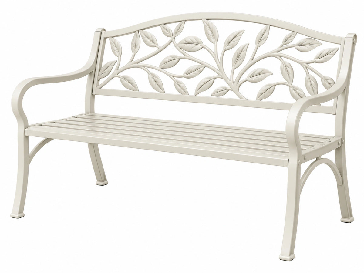 Panchina da giardino 122 x 62 x 89 cm in acciaio bianco con schienale a foglie