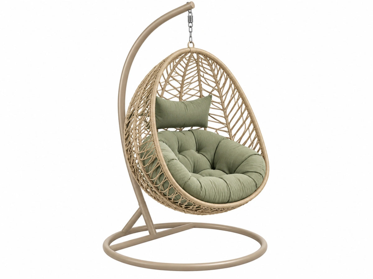 Poltrona sospesa da giardino 105 x 105 x 195 cm in fibra intrecciata beige e metallo con seduta imbottita verde